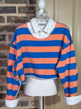 The Greii Striped Cropped Sweatshirt in Coral & Royal Blue Shirt Collar Layer